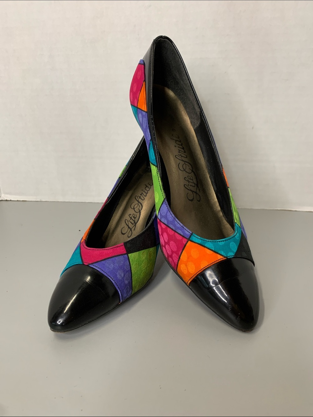 Life Stride Black Patent Pointed Toe Multicolor Patchwork Heels Size 7